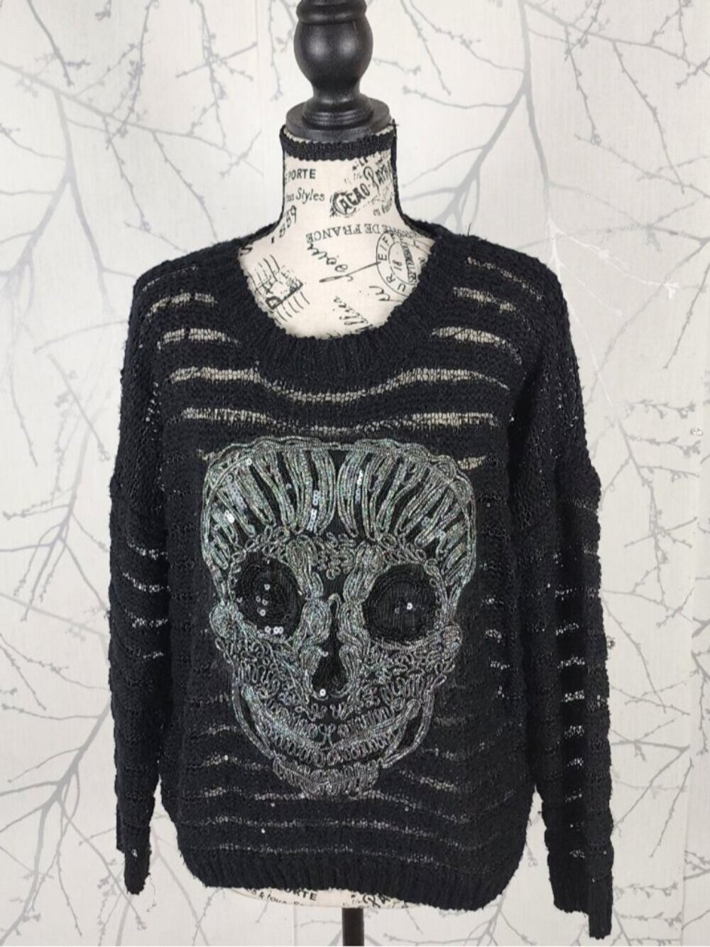 Katsumi Sheer Stripe Knit Metallic Sequin Skull Crewneck Sweater